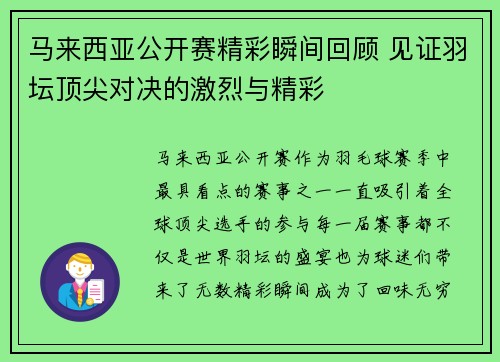 马来西亚公开赛精彩瞬间回顾 见证羽坛顶尖对决的激烈与精彩