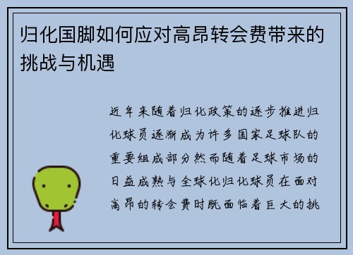 归化国脚如何应对高昂转会费带来的挑战与机遇